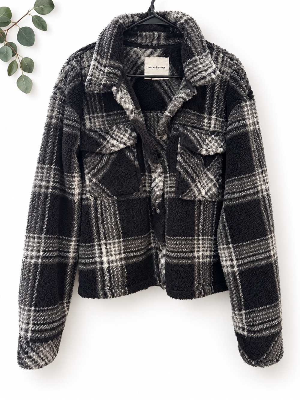 Thread & Supply Black and Gray Plaid Sherpa Shacket